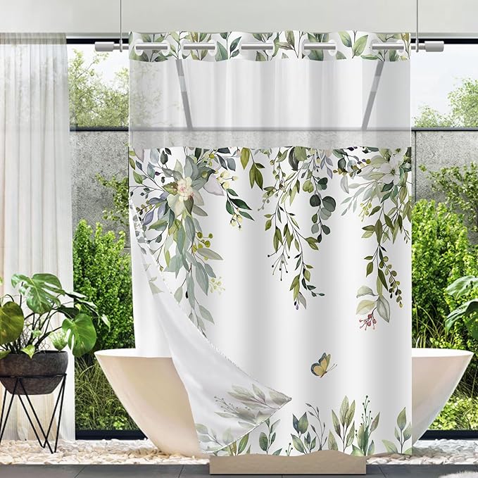 No Hook Shower Curtain and Liner Set, Green Eucalyptus Floral Shower Curtains for Bathroom, Bath Curtain Sets with Snap in Liner, Waterproof with See Through Top Window, 54x80 Inches
