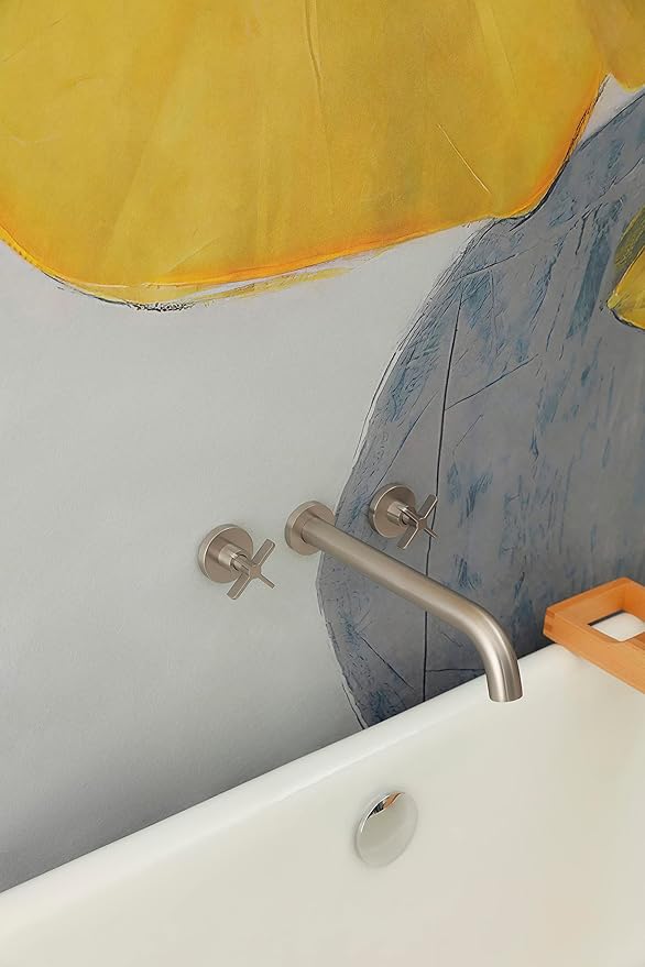 Wall Mount Tub Filler,Two Cross Handle Bathtub Faucet,Extra Long Spout Reach with High Water Flow,Brass Rough in Valve Included,Nickel Brushed