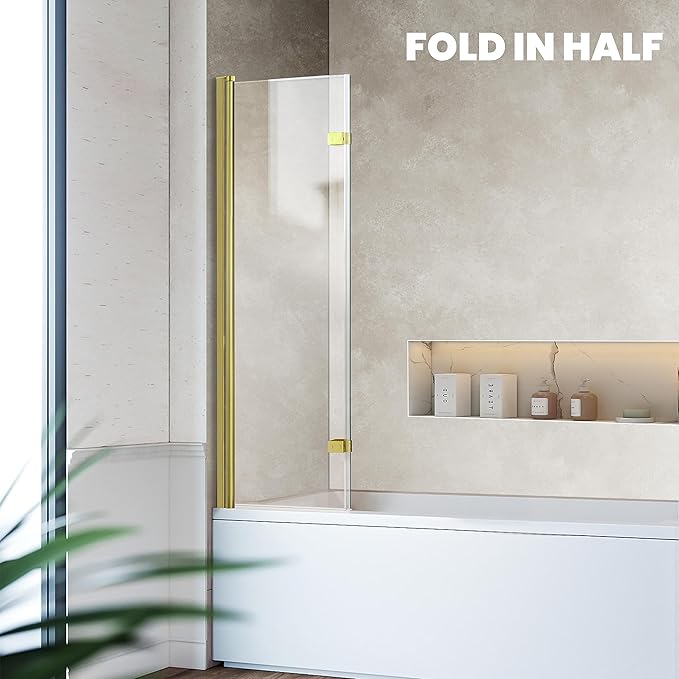 Bathtub Folding Shower Glass Door, 36" W*55" H Pivot H-Type Frameless Tub Shower Door, Clear Tempered Glass Shower Screen Panel for Bathroom, Brushed Gold