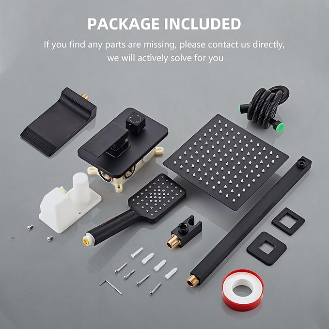 Shower Faucet Set Complete Matte Black Shower System with 10 inch Square Rainfall Shower Head 3-Function Handheld Shower Waterfall Bathtub Spout Rain Shower Combo Set Bathroom Wall Mounted