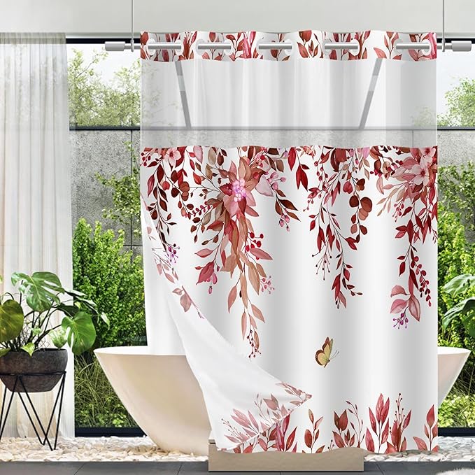 No Hook Shower Curtain and Liner Set, Red Eucalyptus Floral Shower Curtains for Bathroom, Bath Curtain Sets with Snap in Liner, Waterproof with See Through Top Window, 71x77 Inches