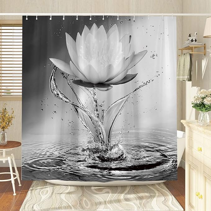 Lotus Shower Curtain Black White Grey Flower Elegant Blooming Floral with Dew Spring Flower Reflection on Water Modern Romantic Polyester Fabric Bathroom Decor 108×70 Inch with Hook