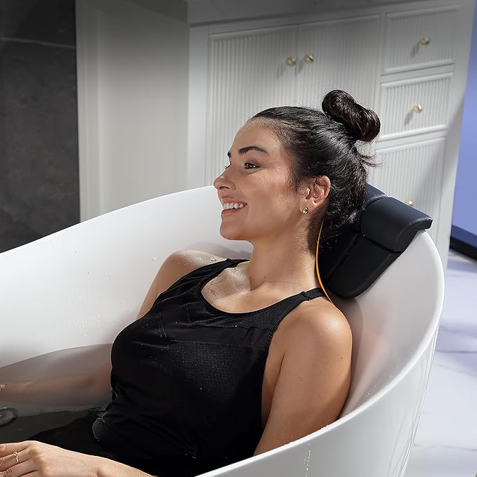 Empava Update Acrylic Whirlpool Bathtub, 59 Inch Acrylic Freestanding Jetted Tub, Hydromassage Gracefully Oval Shaped with 16 Hydromassage Jets with Lumbar and Neck Support, Black Pillow, No faucet