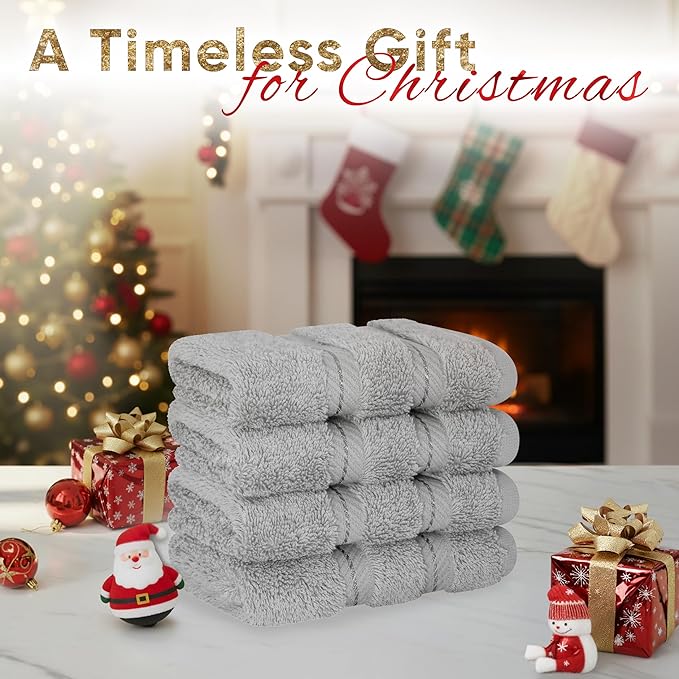 American Soft Linen Luxury Washcloths for Bathroom, 600 GSM 100% Cotton 4 Piece Turkish Wash Cloth Set, 13x13 in Soft Rags for Body and Face, Light Grey Washcloths