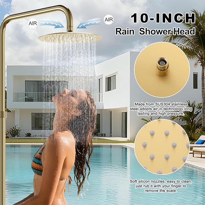RBROHANT Freestanding Outdoor Shower Gold, Height Adjustable Stainless Steel Outdoor Showers for Backyard Garden Pool Beach, Stand Alone Outdoor Shower Hot and Cold Water, Brushed Gold, JK0456