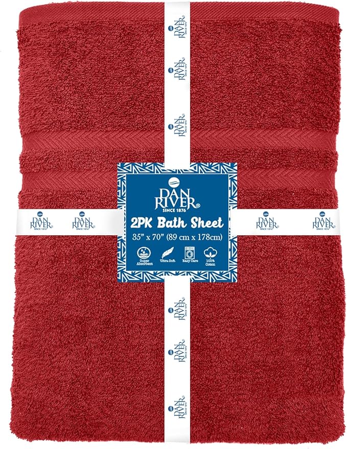 DAN RIVER 2 Pack Luxury Bath Sheets 35x70, 600 GSM, Soft & Quick Dry 100% Ring Spun Cotton Towels Ideal for Hotels, Spas, Gyms & Salons Extra Large, Red