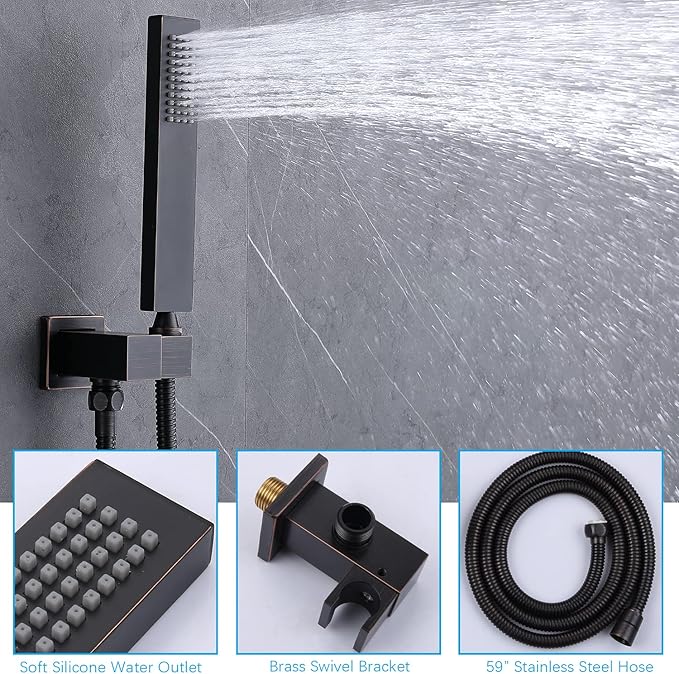 16x32 Inches Bathroom Shower System Ceiling Mount Thermostatic Luxury Rain Shower With 6 On/Off Body Jets and Handheld Shower Faucet Set Full Body Massage Shower Mixer Combo Set Oil Rubbed Bronze
