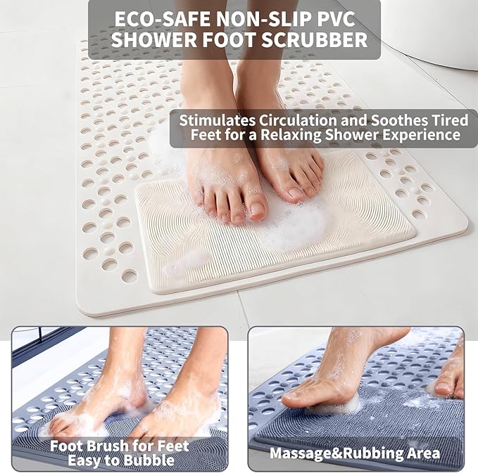 Bath Tub Shower Mat with Soft Shower Foot Scrubber Mat for Massage,Non Slip Bathtub Mat with Strong Suction Cups, Silicone Shower Foot Scrubber Mat (White, 31.5" X 19.7"(Rectangular)