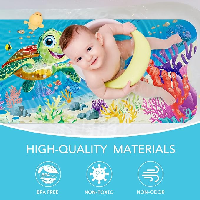 SHUCHING Baby Bath Mat for Tub Non Slip-40 X 16 Inch, Extra Long Kids Bathtub Mat Non Slip, Toddler Shower Mat for Bathroom, Sea Turtle
