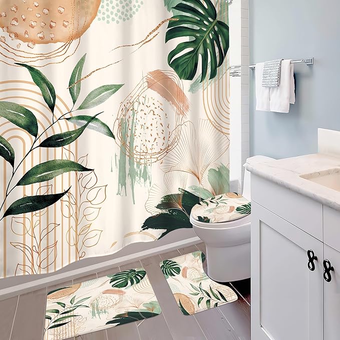 4 PCS Boho Shower Curtain Set 72Wx72H, Non-Slip Bath Rug Toilet Lid Cover and U Shape Mat Green Modern Tropical Palm Leaves Complete Bathroom Set Accessories with 12 Hooks Bathroom Decor