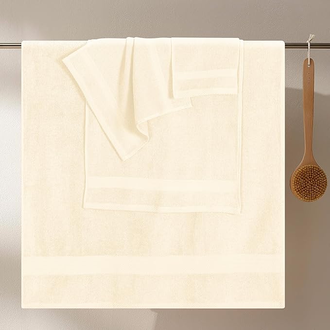GLAMBURG Ultra Soft 8-Piece Towel Set - 100% Pure Ringspun Cotton, Contains 2 Oversized Bath Towels 27x54, Hand 16x28, 4 Wash Cloths 13x13 Ideal for Everyday use, Hotel & Spa Ivory Cream