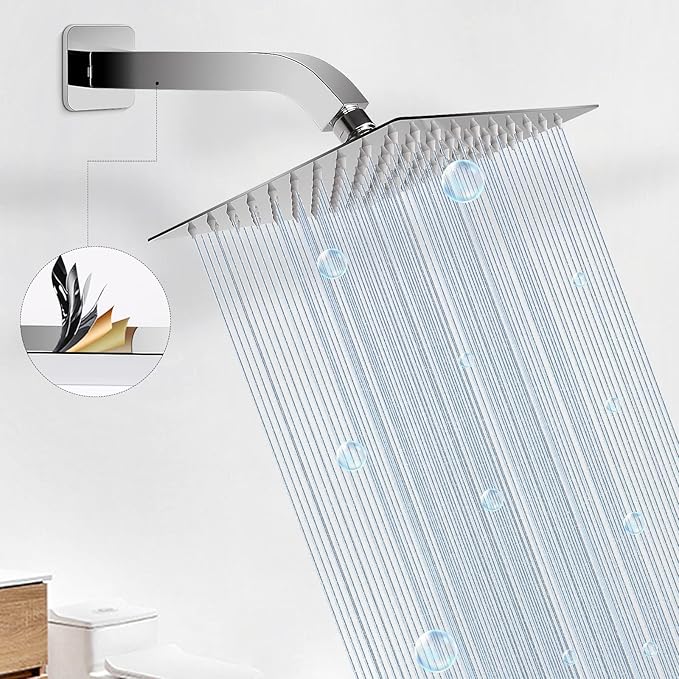 HarJue Shower Arm with Flange and Teflon Tape, Wall Mounted Square Shower Pipe 304 Stainless Steel Extension Arm for Fixed Shower Head & Handheld Shower (10 Inch, Chrome)