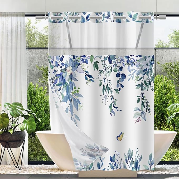 No Hook Shower Curtain and Liner Set, Blue Eucalyptus Floral Shower Curtains for Bathroom, Bath Curtain Sets with Snap in Liner, Waterproof with See Through Top Window, 54x80 Inches