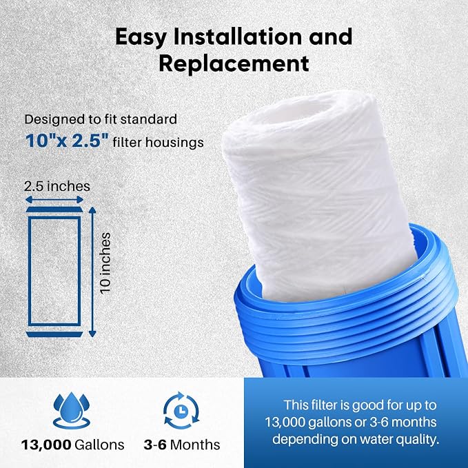 PUREPLUS 10 Micron 10"x2.5" Whole House String Wound Sediment Filter - Image 3