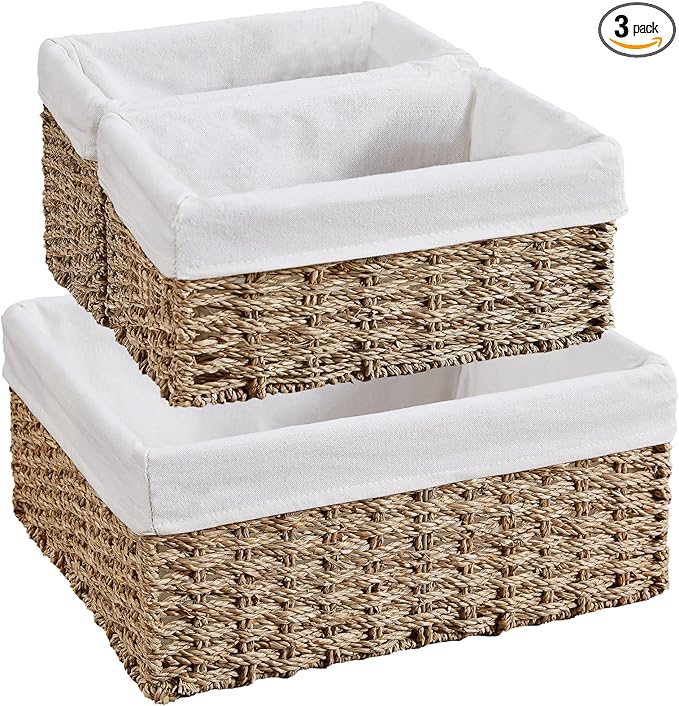 Vagusicc Wicker Basket, Seagrass Wicker Storage Basket with Built-in Handles, Baskets for Organizing, 15'' Large Storage Baskets for Shelves with Liner bathroom organizer (3-Pack Seagrass Baskets Set)