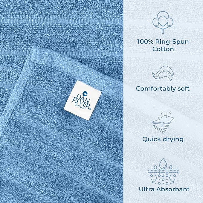 DAN RIVER Pack of 2 Bath Sheet 35x70 Inches, Ribbed Luxury Bath Towel Set, Extra Large and Quick Dry Soft Cotton Towels - Medium Blue