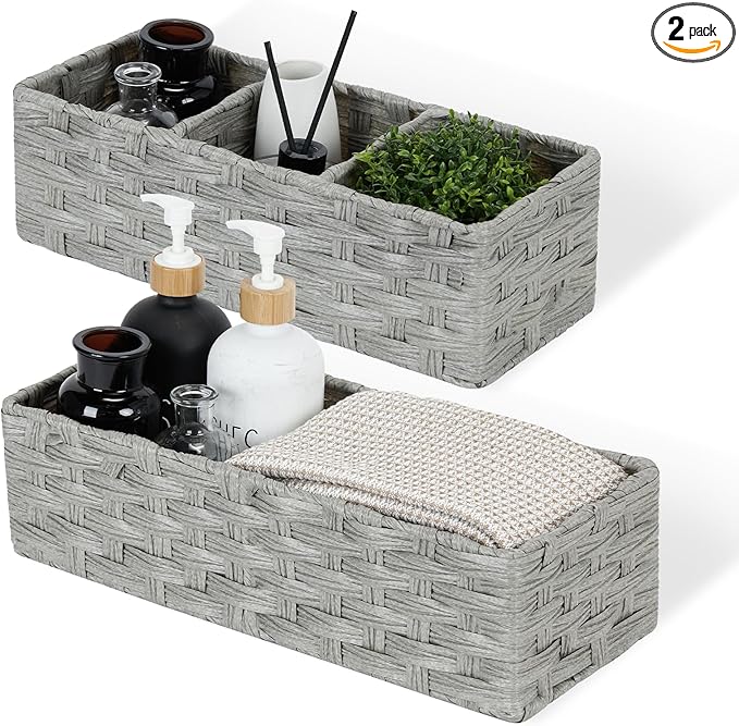 DULLEMELO Toilet Tank Basket, Set of 2 Plastic Wicker Bathroom Baskets for Organizing, Waterproof Toilet Paper Storage Basket for Bathroom, Light Grey