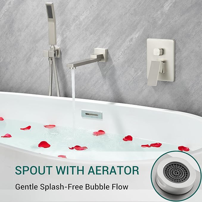 DASAN Swiveling Wall Mount Tub Filler Faucet Set with Hand Held Shower, Brushed Nickel Modern Creative Bathtub Faucet Wall Mounted Bath Tub Faucet with High Flow Rough in Valve, SA-TF05WH-BN