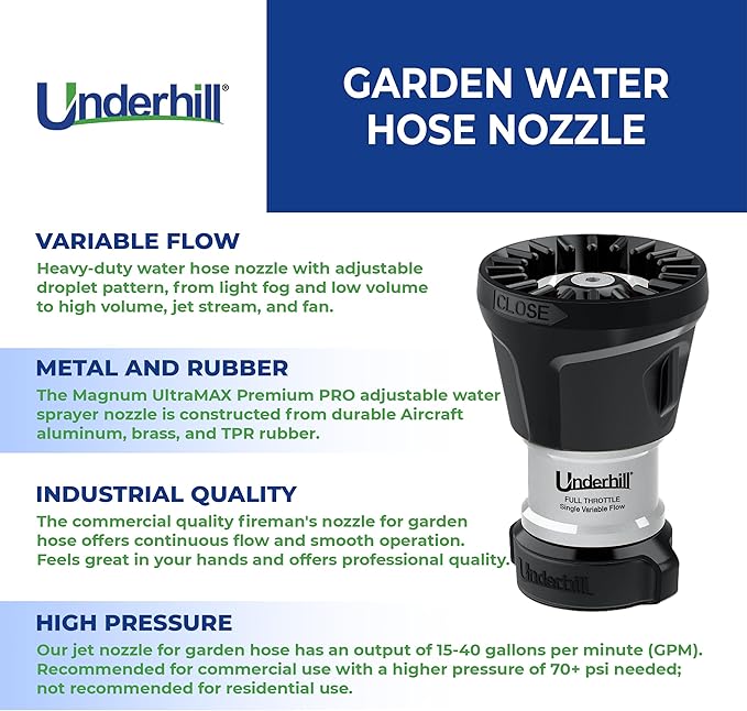 Underhill Magnum UltraMAX Premium PRO Series-Full Throttle 1 Inch Garden Water Hose Nozzle, Sprayer, Jet, Metal and Rubber, Adjustable, NG600-SFH-10