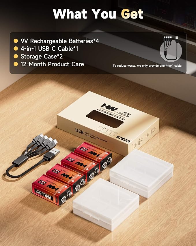 HW 9 Volt Batteries 4 Pack, 1400mAh Rechargeable Lithium Battery 9V - Image 7