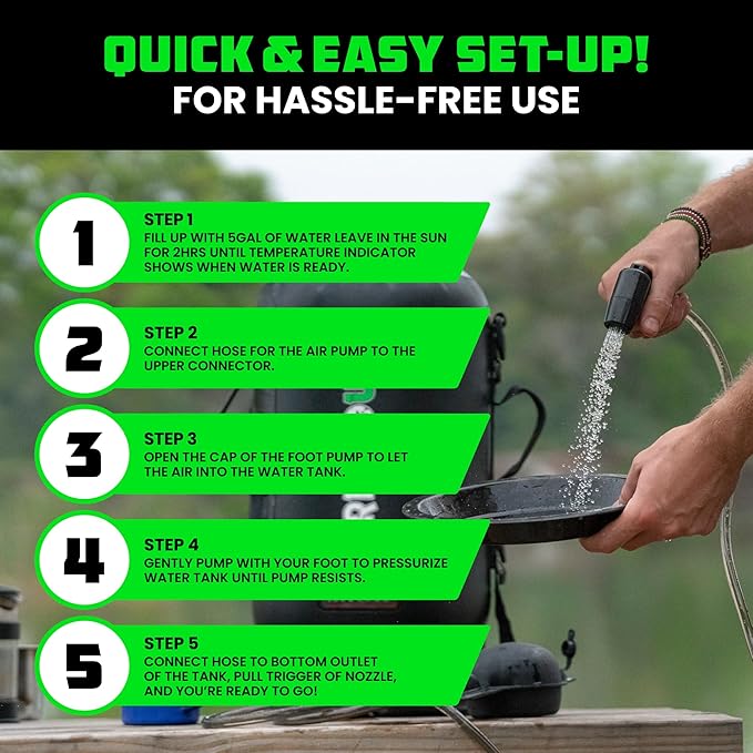 Rhino USA 5 Gal / 20L Portable Solar Camp Shower - Essential for Camping, Festivals, Overlanding, Beach Trips, Outdoor Shower and more!