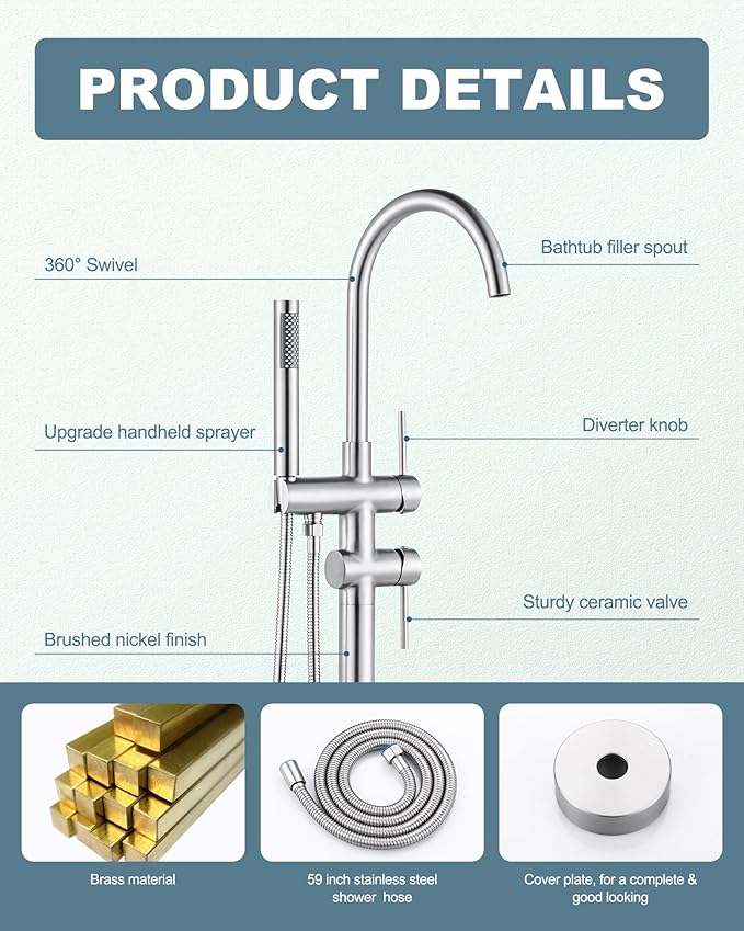 Freestanding Bathtub Faucet Brushed Nickel, Floor Mount Tub Filler, High Flow Brass Shower Faucets with Handheld Sprayer for Bathroom