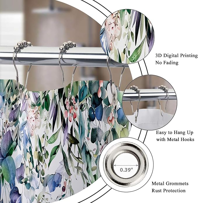 Riyidecor Clawfoot Tub Extra Wide Wrap All Around Circular Round Shower Curtain for Bathroom Decor 180Wx70H Eucalyptus Plants Art Printed Fabric Polyester Waterproof 32 Pack Plastic