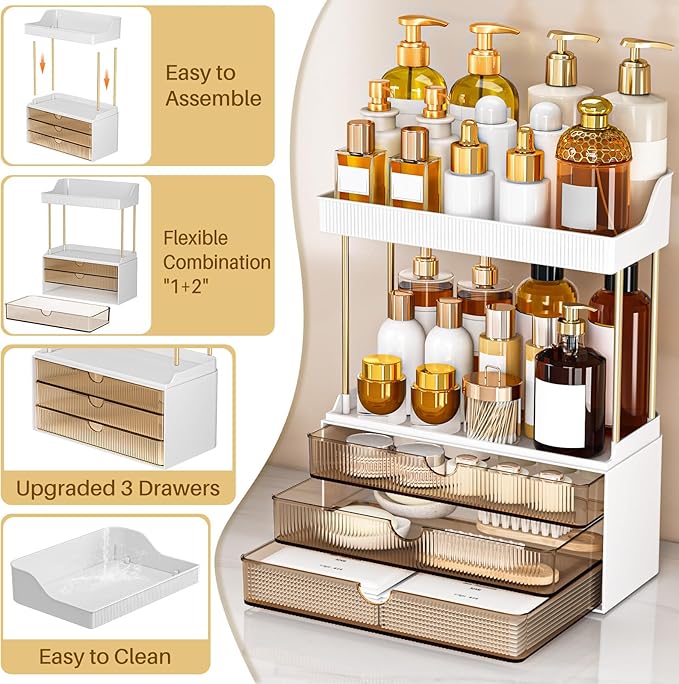 Bathroom Organizers and Storage - 3 Drawers 2 Tier Makeup Organizer, Cosmetic Storage Drawer for Dresser Countertop and Bathroom Vanity for Large Skincare, Perfume, Amber