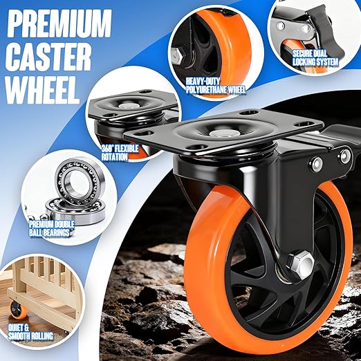 Caster Wheels 5"，Heavy Duty Caster Wheels Set of 4, Dual Lock PU Casters - Image 6