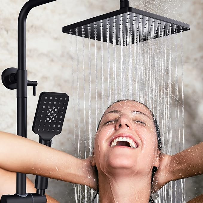 Outdoor Shower Faucet Set 8" Square Shower Head 3 Function Thermostatic Rainfall Shower Fixtures, Handheld Sprayer Tub Spout with Constant Temperature with Height Adjustable Slide Bar