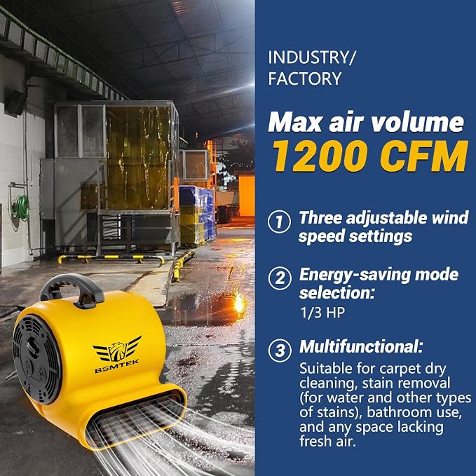 Air Mover Blower Fan, Industrial 1/3HP 1200CFM Monster Floor Blower Carpet - Image 4