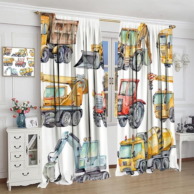Kids Excavator Curtains, Retro Truck Tractor Machinery Construction Vehicle - Image 3