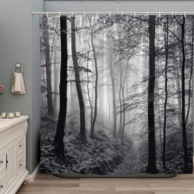 Misty Forest Shower Curtain Black White Foggy Nature Landscape Grey Fantasy Fog Tree Rustic Farmhouse Outdoor Bath Curtain with Hook 70Wx90H Inch