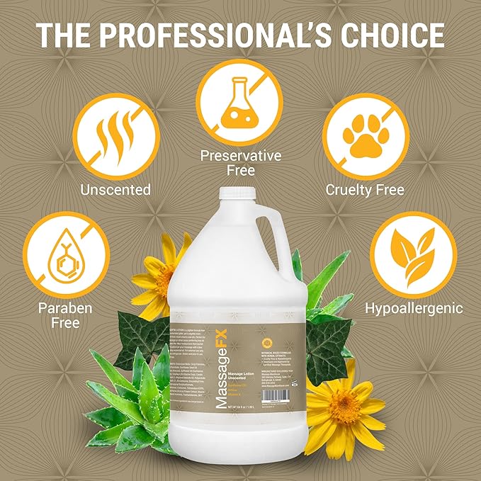Massage FX Unscented Massage Lotion, 1/2 Gallon - Professional Massage Lotion for Massage Therapy with Sunflower Seed Oil, Arnica, and Vitamin E