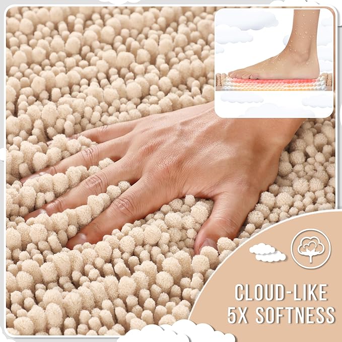 Yimobra Bathroom Rugs Sets 2 Piece - Quick Dry Extra Thick Luxury Chenille Bath Mat, Non Slip Super Absorbent for Tub Shower Sink, Machine Washable Shaggy Floor Mat, 24"x17+24"x20" Inch, Light Brown