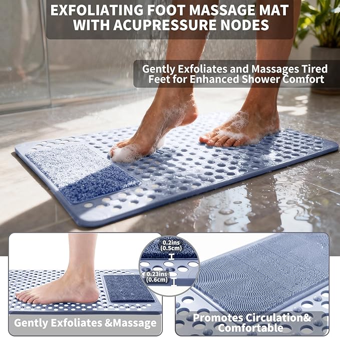 Bath Tub Shower Mat with Soft Shower Foot Scrubber Mat for Massage,Non Slip Bathtub Mat with Strong Suction Cups, Silicone Shower Foot Scrubber Mat (Dusty Blue, 31.5" X 19.7"(Rectangular))