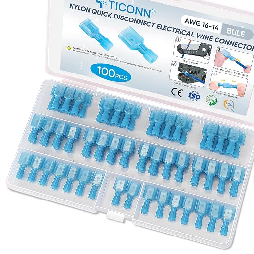 TICONN 100 Pcs Nylon Spade Quick Disconnect Connectors Kit, Electrical by TICONN
