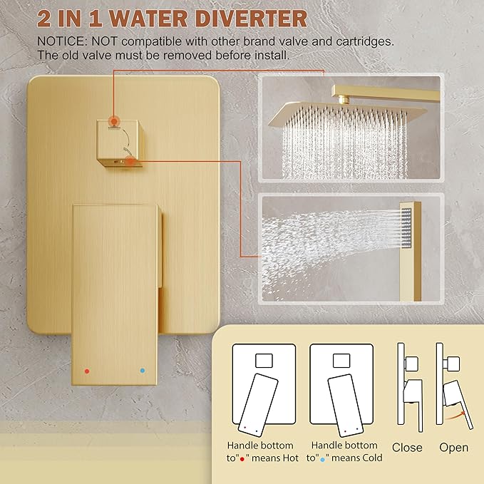 Gold Shower System, Shower Faucet Set with 10-Inch Rain Showerhead and Handheld Spray, Wall Mounted High-Pressure Showerhead Combo Set Included Valve and Trim, Brushed Gold