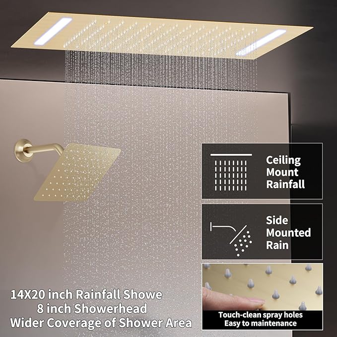 Shower System Brushed Gold Shower Faucet Set with 14X20 inch and 8 inch Rainfall Shower Head, Handheld Spray, 3 Way Digital Temperature Display Shower