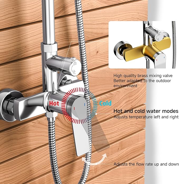 Rainsworth Outdoor Shower Kit Chrom - Single Handle Brass Valve, 8 Inch Rain Shower Head and Handheld Spray Shower Fixture Combo, 304 Stainless Steel Wall Mount