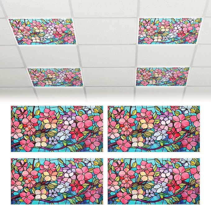 Glooglitter 4 Pcs Colorful Floral Fluorescent Light Covers 4 x 2 ft Stained - Image 8