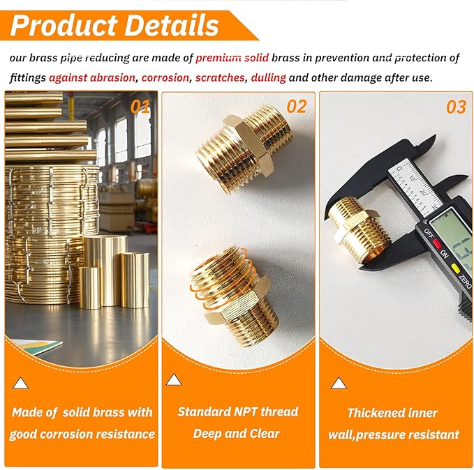 2pcs 1/4" NPT x 1/8" NPT Brass Nipple, 1/4 to 1/8 Adapter Fitting Reducing - Image 3