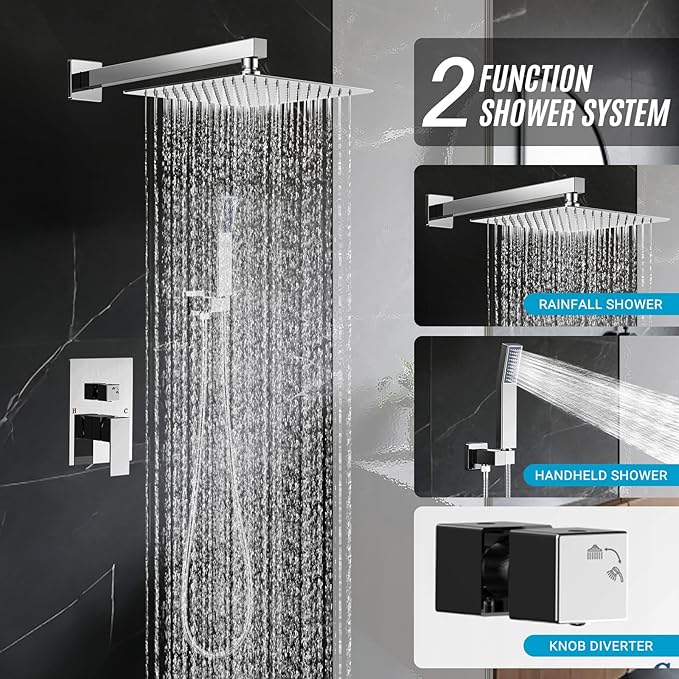 Shower Faucet set with Shower head, Wall Mount 10 Inch Square Rainfall Shower Head and Handle Set Single Handle Shower System Set with Female Threads Valve Body and Trim Included (Chrome)