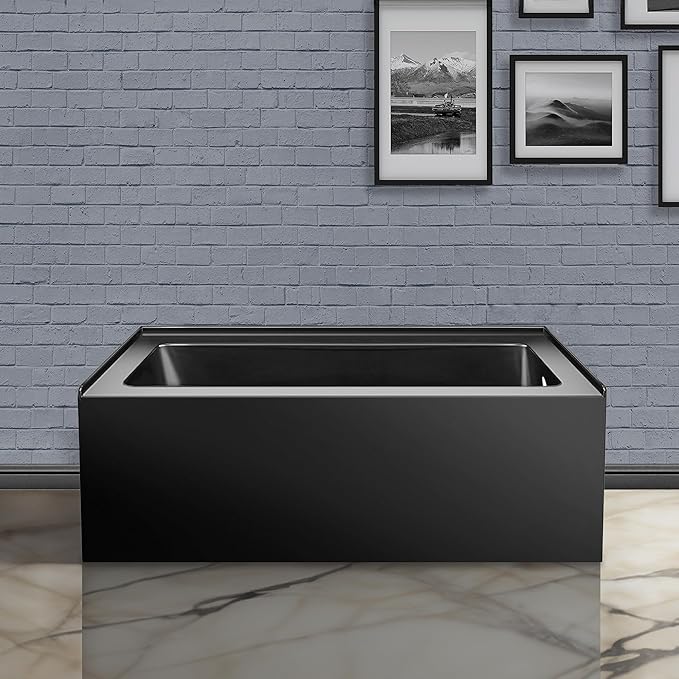 Fine Fixtures Acrylic, Fiberglass Alcove Soaking Bathtub with Integral Apron Front in Glossy Black - Right Hand Drain, 60" x 30"