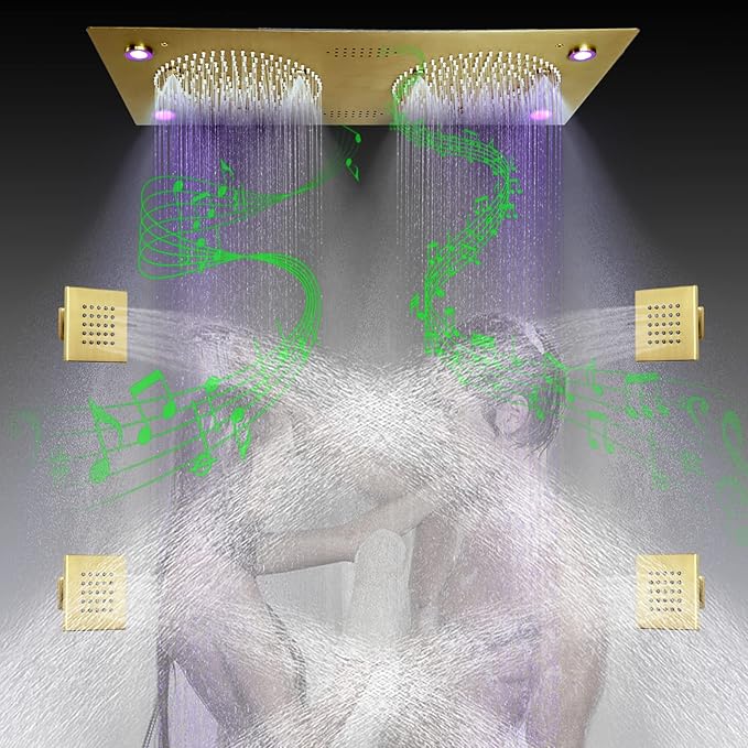 Brushed Gold Thermostatic Rain LED Shower System With Spa Body Jets, 12.5X24.5 Inch Large Horizontal Rectangle Ceiling Shower Head, Double Bath Shower Set Flow Can Be Controlled
