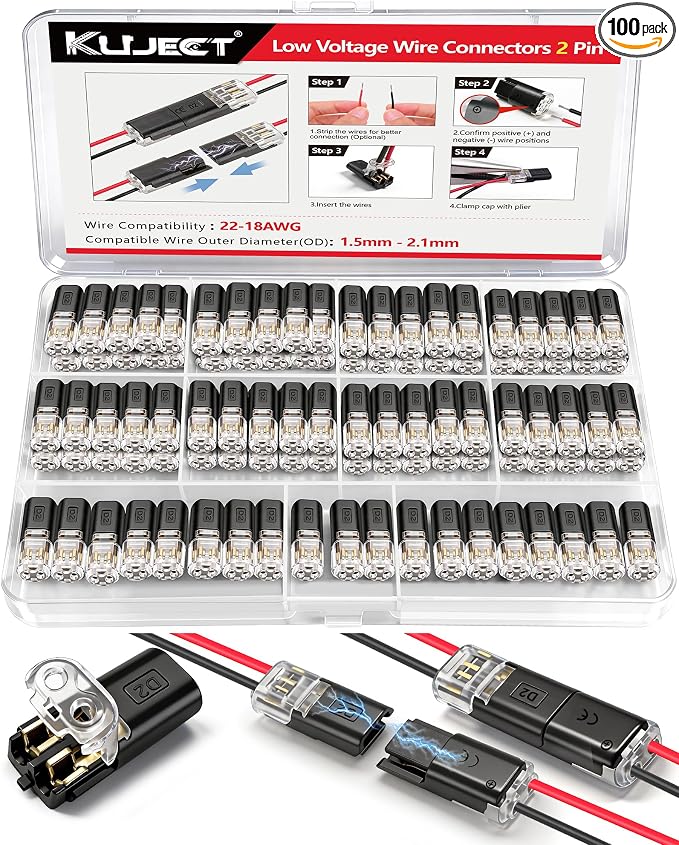100pcs Double Wire Plug in Connector, 18-22AWG 2 Pin Low Voltage Wire Connectors by Kuject
