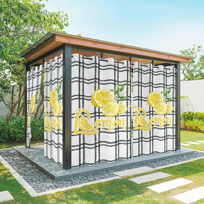 Lemon Outdoor Curtains for Patio Lemon Leaves Summer Plaid Buffalo Waterproof by Unknown