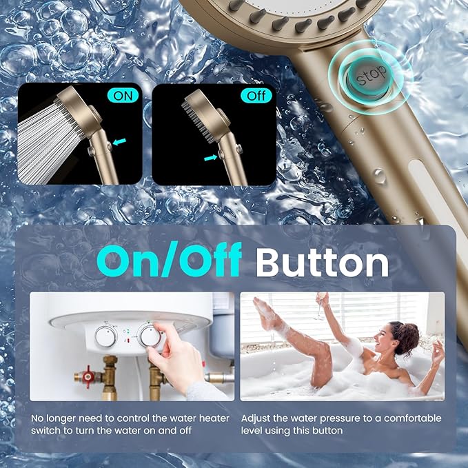 Filtered Shower Head with Handheld, High Pressure 4 Spray Mode Showerhead with Filters, Water Softener Beads for Hard Water with ON/OFF Switch for Pets - Remove Chlorine (Golden, 5 Inch Panel)