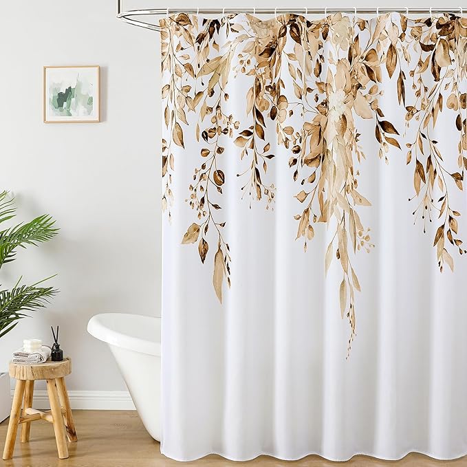 Colorful Star Brown Eucalyptus Waterproof Shower Curtain Set with Hooks, Minimalist Watercolor Floral Print Bathroom Décor, Plant Leaves Washable Fabric Shower Curtain, 72 x 72 Inch
