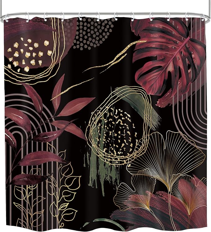 Black Burgundy Boho Shower Curtain 72Wx72H Mid Century Modern Abstract Minimalist Geometric Tropical Palm Leaves Plant Bathroom Decor Gold Arch Bath Curtain Fabric Polyester 12 Pack Hooks